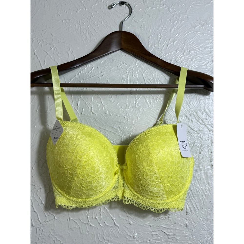 Rene Rofe 36DD Neon Yellow Floral Lace Demi Bra Lightly Padded Underwire NWT